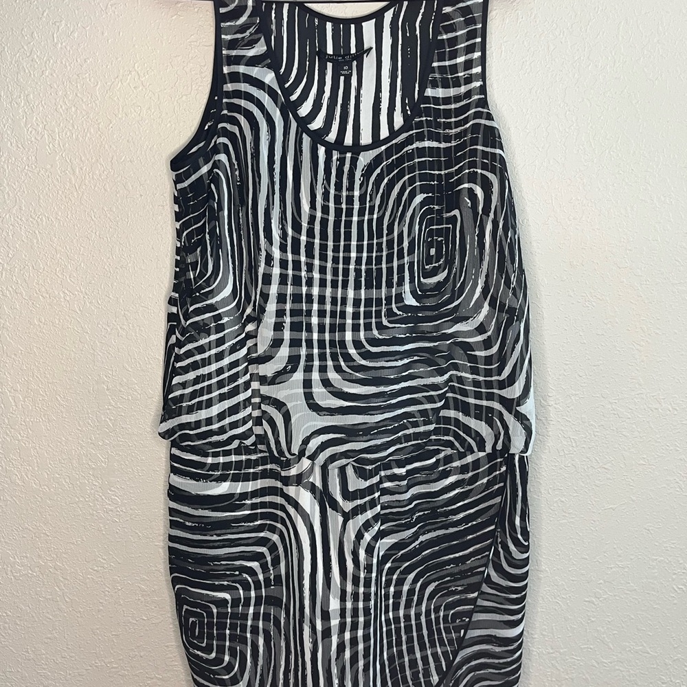 Elegant Abstract Print Layered Sheer Top Midi Dress